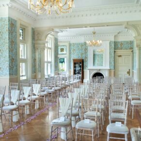 Stunning setup for the indoor civil wedding ceremony in the Oak Room at Pendley Manor Hotel