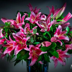 Stunningly vibrant floral display lit with dramatic lighting at Pendley Manor Hotel wedding