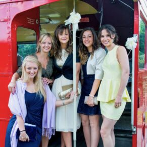 Sir Christopher Wren Hotel Wedding Photography - a London bus was the mode of transport for this group of guests