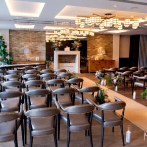The striking interiors of the Swan at Streatley all set for the indoor wedding civil ceremony