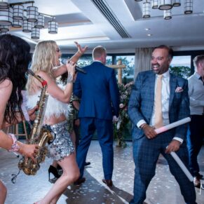 Photo of guests dancing the night away at this Swan at Streatley Hotel wedding