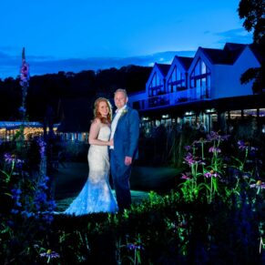 Night time wedding photography of the bride and groom at The Swan at Streatley Hotel