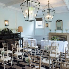 The stunning Malt House all setup for the wedding civil ceremony at The Olde Bell Hotel in Hurley