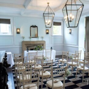 The wow interiors of the Malt House all setup for the relaxed civil wedding ceremony at The Olde Bell Hotel in Hurley