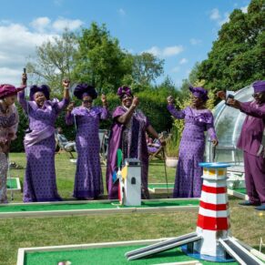 Fabulous reactions from the colourful wedding guests after this crazy golf shot at The Great House in Sonning