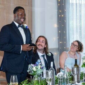 The groom's wedding speech in full flow brings lots of laughter to the room at The Great House in Sonning