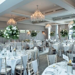 The Cavendish Suite interiors all setup for the wedding breakfast on the Latimer Estate
