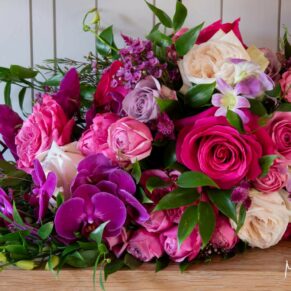 The bride's vibrant bouquet captured before the ceremony at her Rackleys Barn wedding