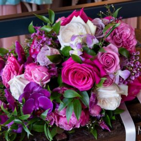 The bride's vibrant wedding bouquet looking truly majestic at Rackleys Barn