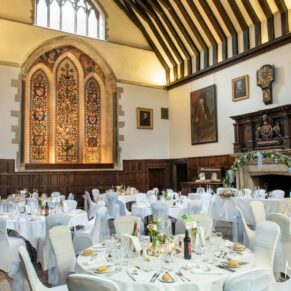 The fabulous Great Hall at Bisham Abbey all setup for the wedding diner