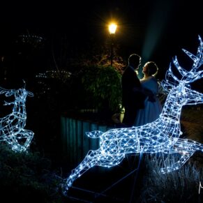 The Kings Chapel newlyweds captured in Old Amersham Memorial Gardens with the illuminated reindeer at dusk on their Christmassy wedding day