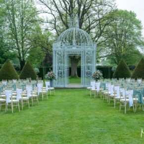 The outdoor civil ceremony setup at Chenies Manor