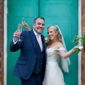 The happy newlyweds soon after they emerge from their Kings Chapel civil wedding ceremony in Old Amersham