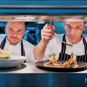 Commercial food photography assignments for restaurants and hotels in the Buckinghamshire area and beyond - this photograph showcases some fabulously theatrical main courses being prepared by the super talented chefs at Taplow House