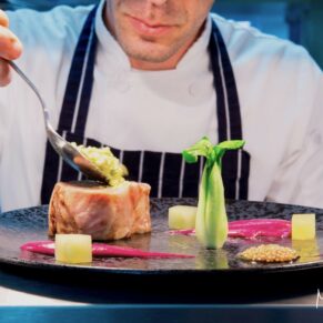 Commercial food photography assignments for restaurants and hotels in Buckinghamshire and beyond - this photograph showcases a fabulously colourful main course being prepared by the super talented head chef at Taplow House