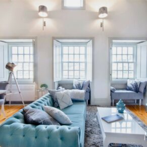 Commercial holiday home interiors photography assignment for ABNB hosts in Buckinghamshire - this photograph showcases a dramatic high ceiling luxury apartment