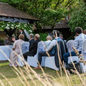 Photography of the outdoor wedding ceremony in progress at Fredrick's Hotel in Berkshire
