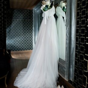 Bride's dress photography pre ceremony at this Crazy Bear Hotel winter wedding in Stadhampton